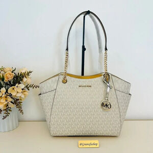 Michael Kors Purse jet set travel large chain tote shoulder bag pale gold MK